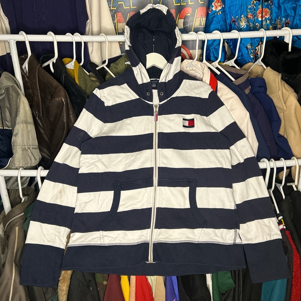 Vintage Y2K Tommy Hilfiger Navy White Striped Full Zip Hoodie XL - Picture 1 of 4